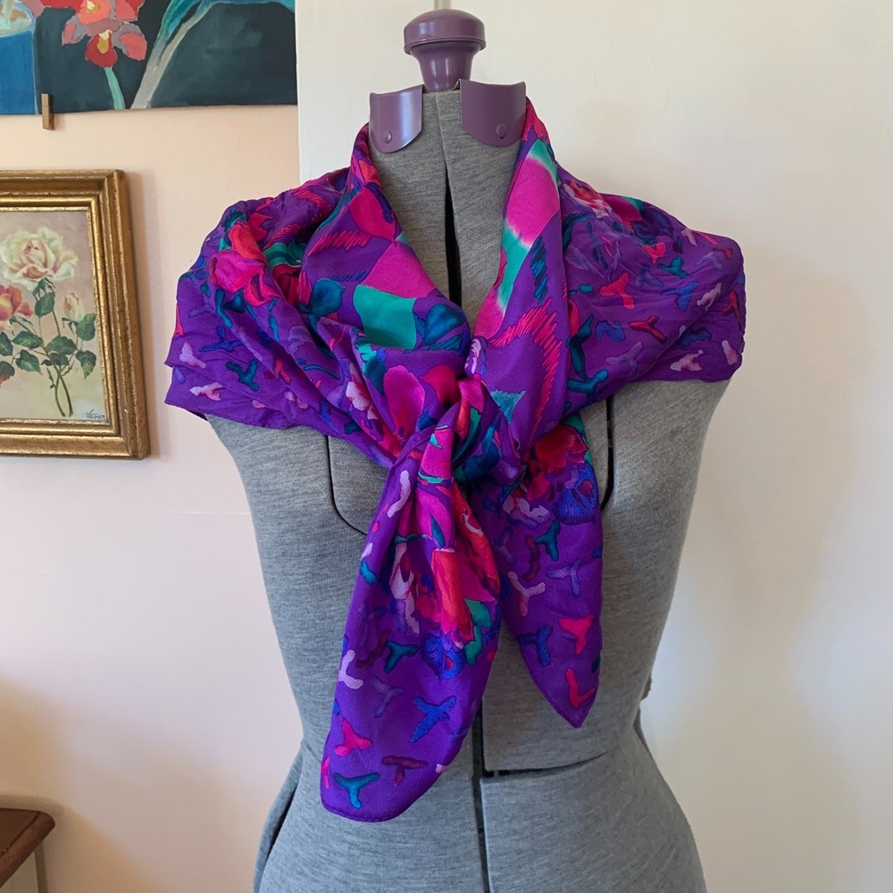 Vintage Floral Silk Scarf Purple Pink Teal Abstract Rose Print Square 33x34"